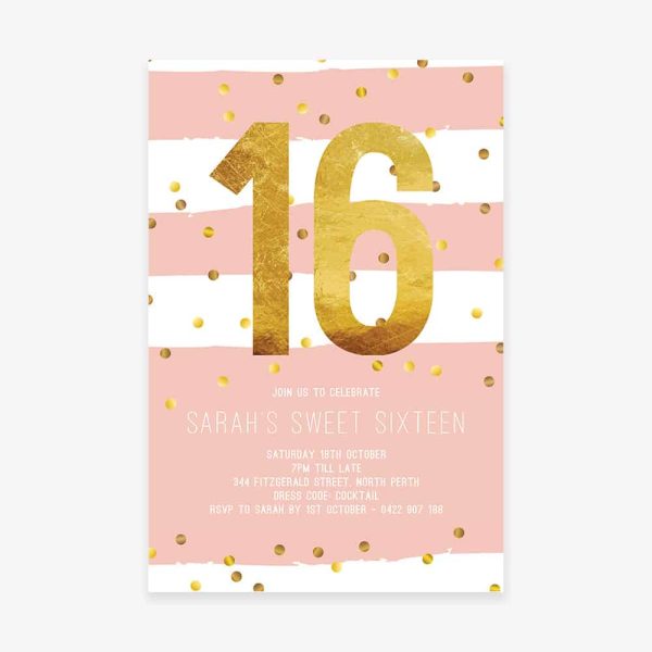 Sweet 16 Teenage Birthday Party Invitation with gold confetti and pink stripes