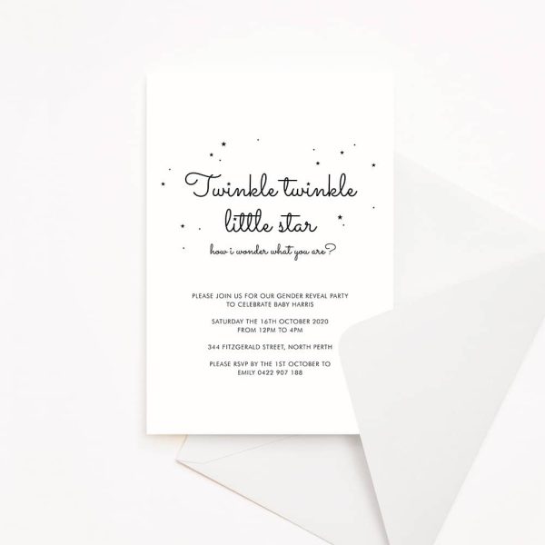 Baby gender reveal party invitation black on white twinkle stars poem