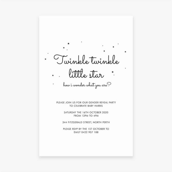 Baby gender reveal party invitation black on white twinkle stars poem