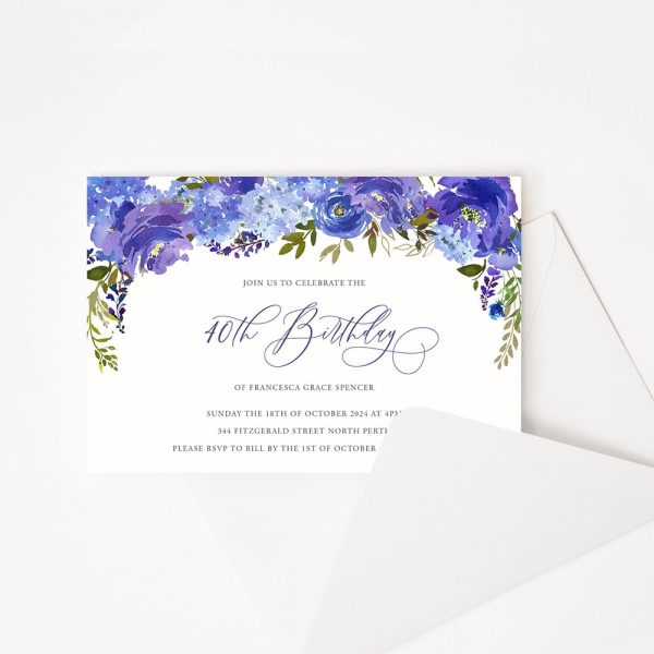 Adult Birthday party Invitation with Violet purple pansies and script font