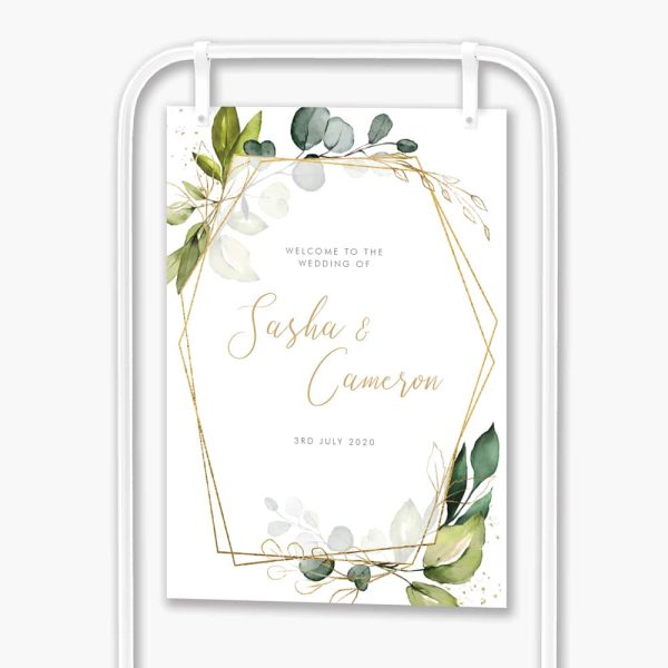 Geometric Foliage welcome sign hanging in white frame