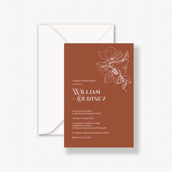 Magnolia Rust Wedding Invitation with harvest colour and white text