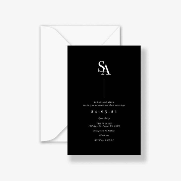 Minimal Linework Wedding Invitation with black background and white text