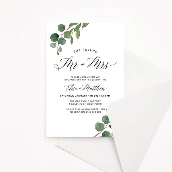 Engagement Invitation with white background and botanical eucalyptus leaves