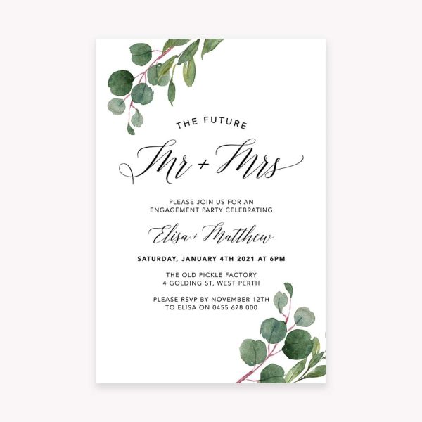 Engagement Invitation with white background and botanical eucalyptus leaves