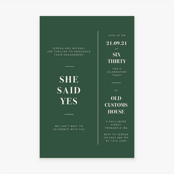 Engagement Invitation minimalist with green background and white text