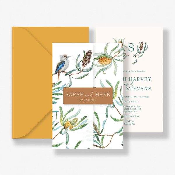 Native Banksia Wedding Invitation Suite with mustard yellow envelope