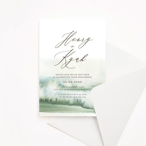 Engagement invitation with watercolour green background