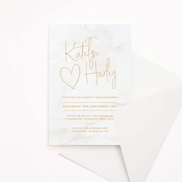 Engagement invitation with marble background and gold text