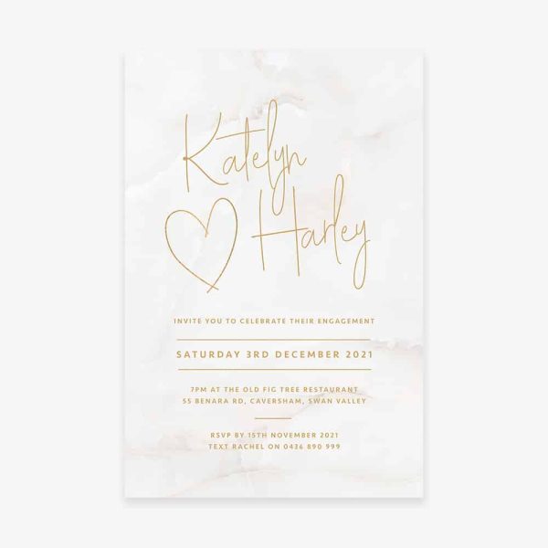 Engagement invitation with marble background and gold text