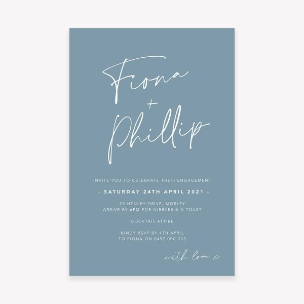 Engagement invitation with blue background and white text