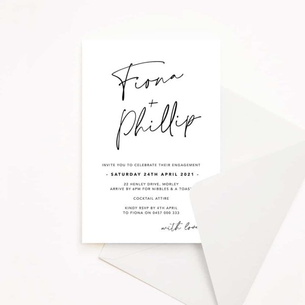 Engagement invitation with white background and black text