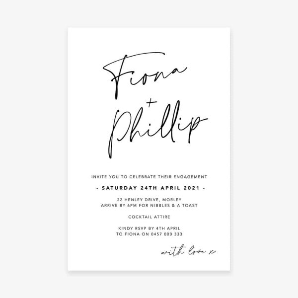Engagement invitation with white background and black text