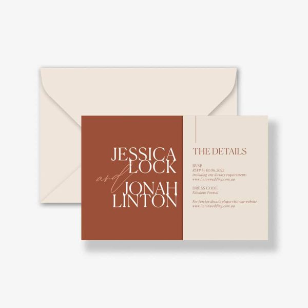 Colourblock Rust wedding invitation with harvest invitation and belly band details with almond envelope