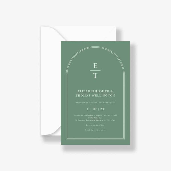 Hazel green arch wedding invitation with double line border and monogram
