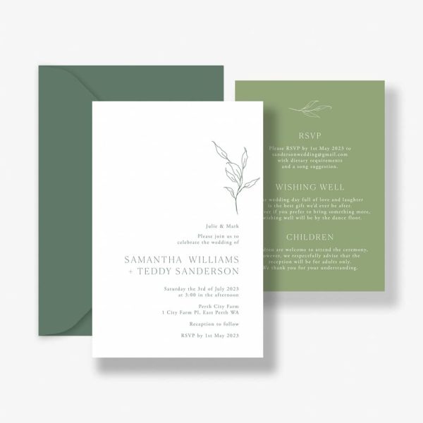 Wild Willow Wedding Invitation with green details card and green envelope