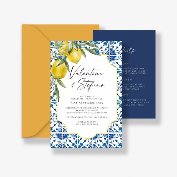 Amalfi dreams wedding invitation mediterranean, blue and white tiles with lemons