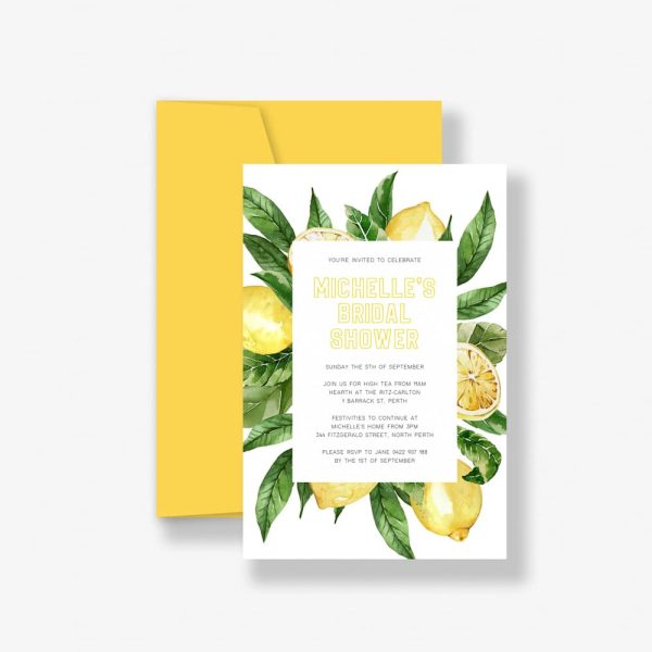 limoncello bridal shower invitation with lemons and banana yellow envelope