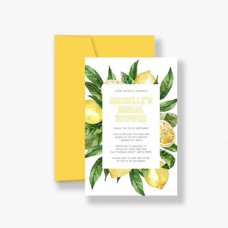 limoncello bridal shower invitation with lemons and banana yellow envelope