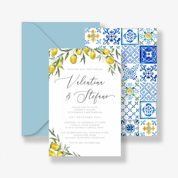 Tiled lemon wedding invitation mediterranean, blue and white tiles with lemons