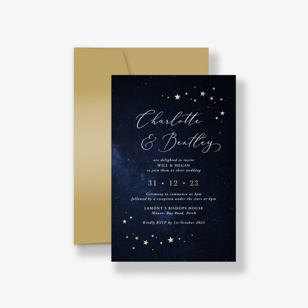 Celestial sky wedding Invitation with gold foil stars on dark space background