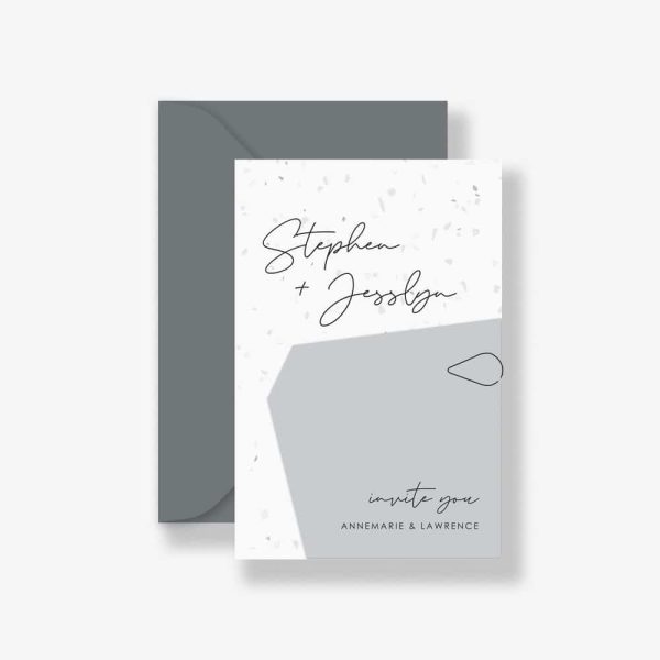 Terrazzo wedding invitation with shinny clear terrazzo speckle and grey details card