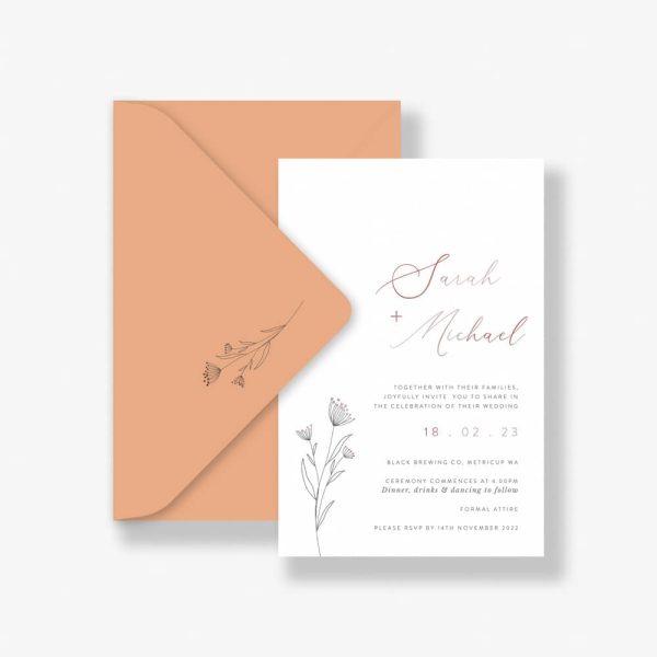 Wedding Invitation with rose gold dandelion and terracotta envelope