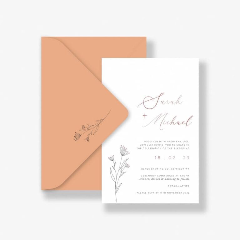 Wedding Invitation with rose gold dandelion and terracotta envelope