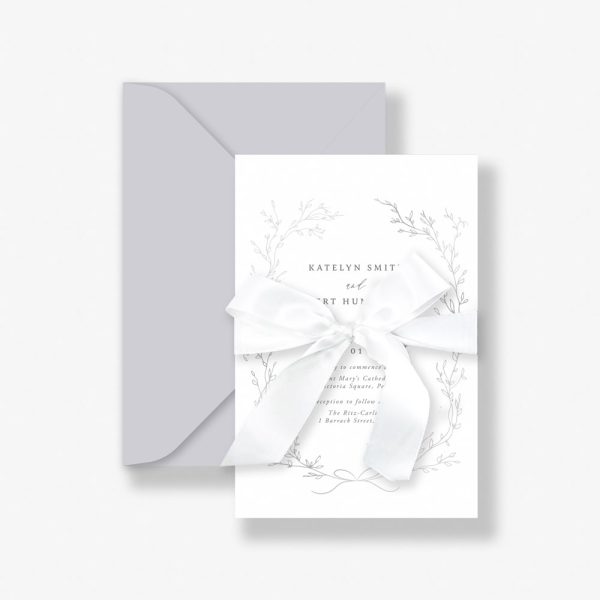 Delicate Wreath Silver Foil Wedding Invitation with white satin bow