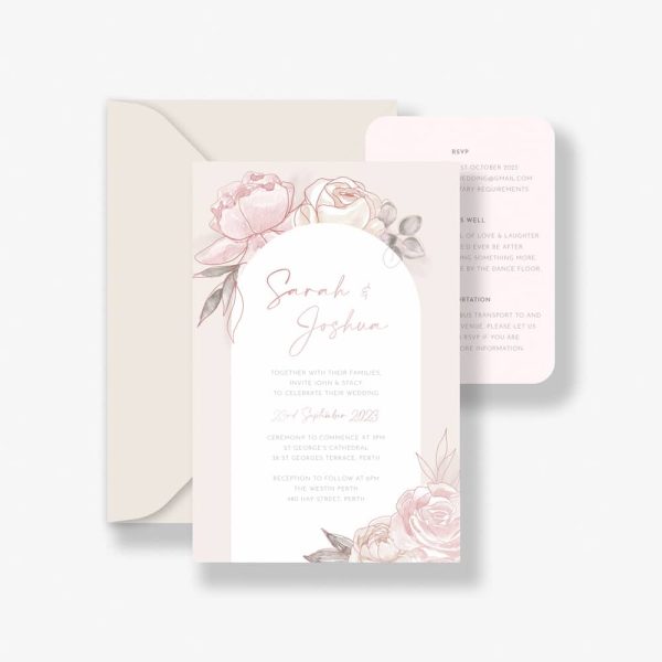 Foiled floral soft pink wedding invitation with rose gold foil
