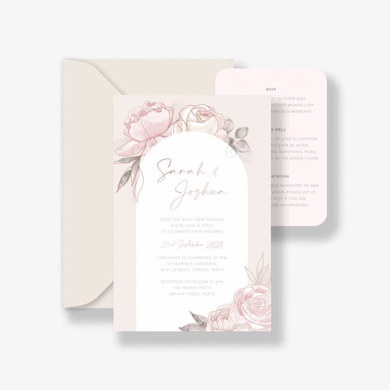 Foiled floral soft pink wedding invitation with rose gold foil