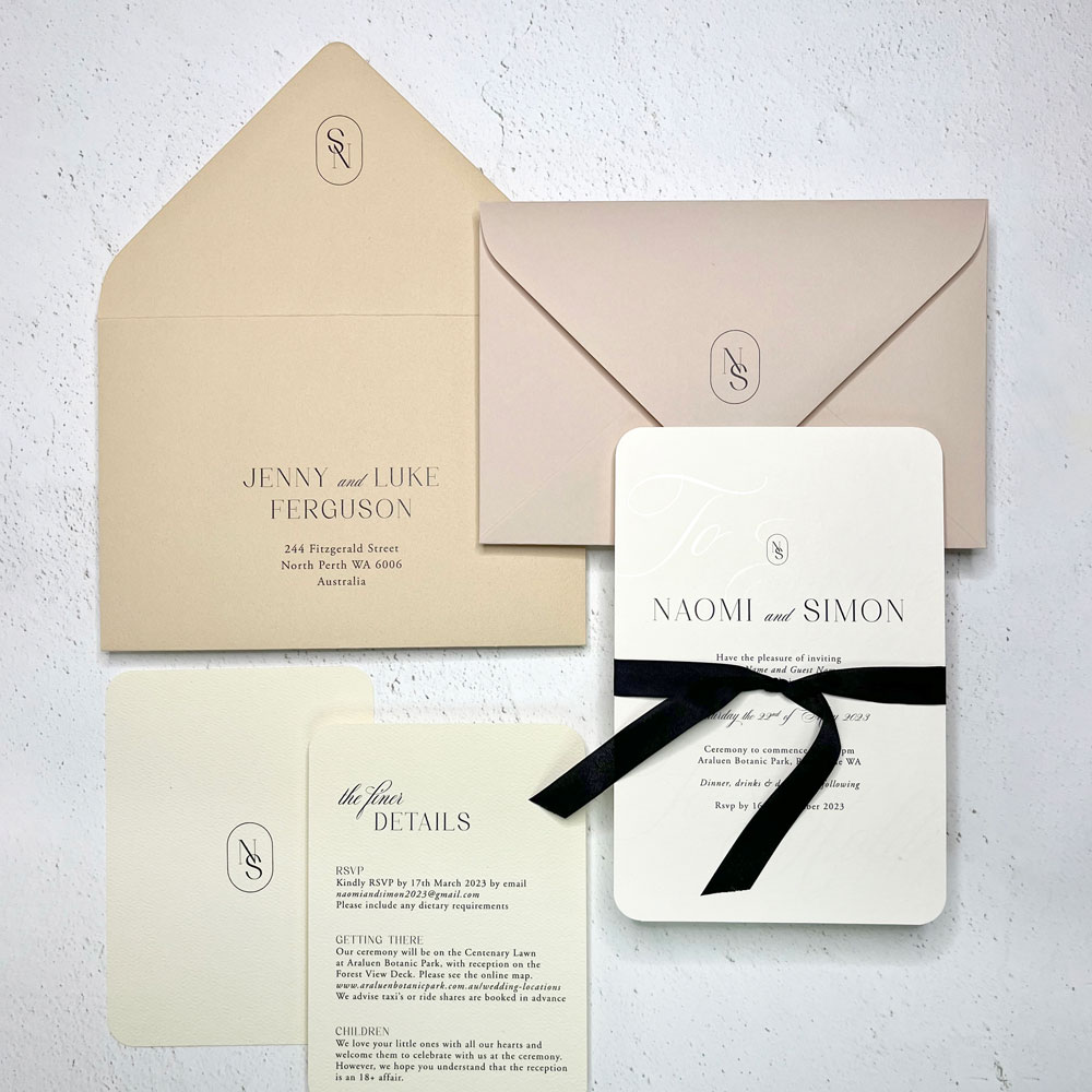 To Have and To hold wedding invitation with black text and black soft ribbon tie