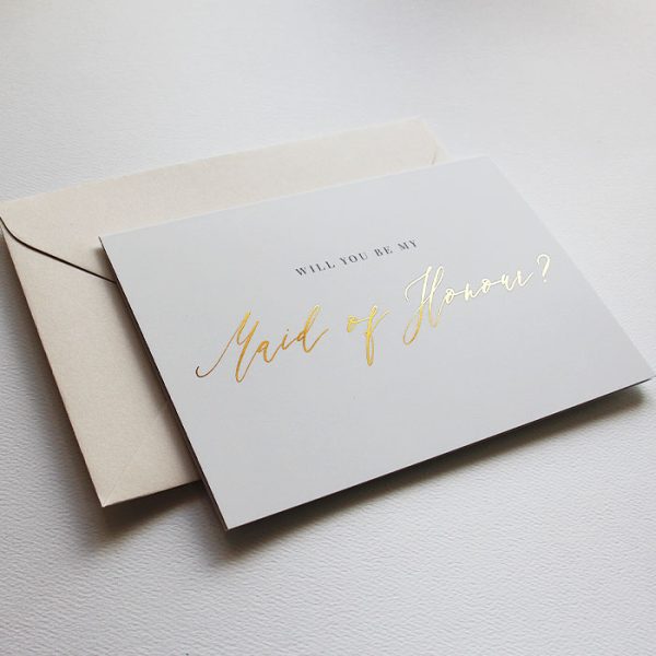 gold foil maid of honour proposal card