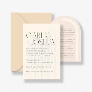 Art deco affair wedding invitation suite. Cream invitation with art deco shapes printed in clear ink. Almond details card with an arch shape and buttermilk envelope
