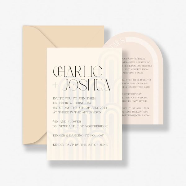 Art deco affair wedding invitation suite. Cream invitation with art deco shapes printed in clear ink. Almond details card with an arch shape and buttermilk envelope