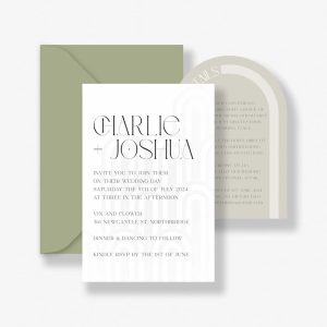 Art deco affair wedding invitation suite. White invitation with art deco shapes printed in clear ink. Matcha green details card with an arch shape and green envelope