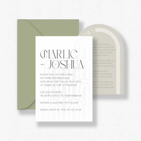 Art deco affair wedding invitation suite. White invitation with art deco shapes printed in clear ink. Matcha green details card with an arch shape and green envelope