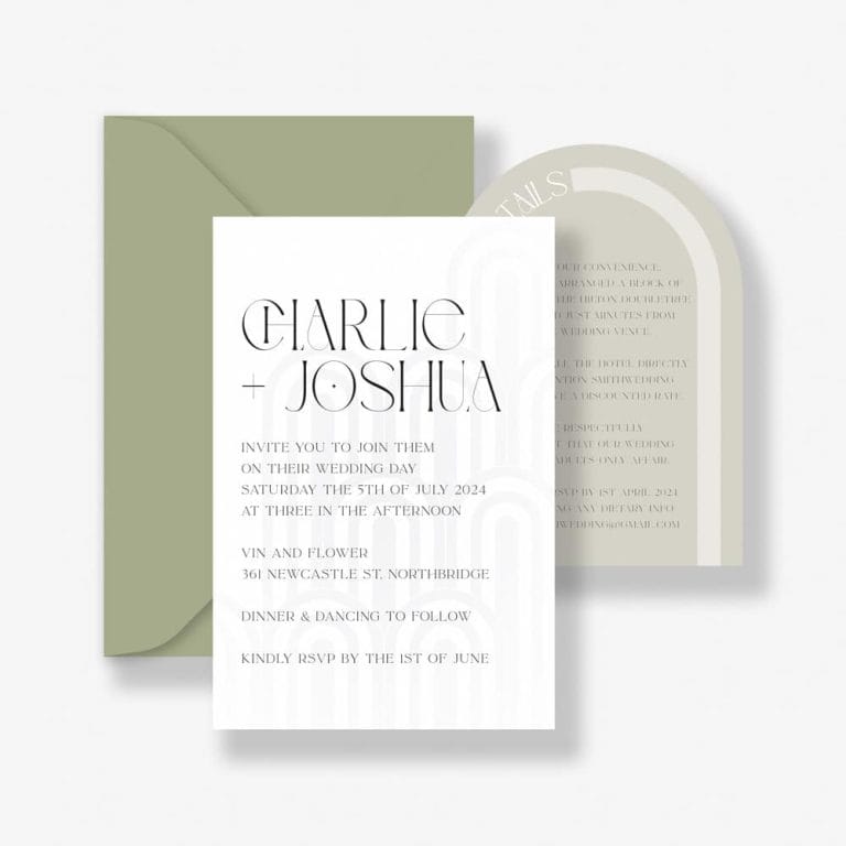 Art deco affair wedding invitation suite. White invitation with art deco shapes printed in clear ink. Matcha green details card with an arch shape and green envelope