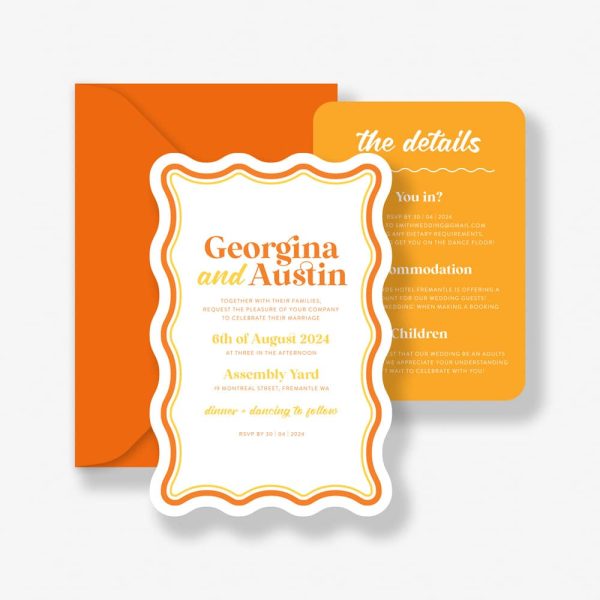 Electric Citrus Wedding Invitation with white background, orange text, orange retro wave border and bright citrus yellow details card