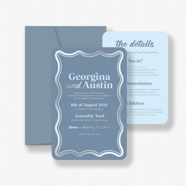 Electric Sky Wedding Invitation with blue background, silver foiled wave border and light sky blue details card