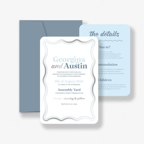 Electric Sky Wedding Invitation with white background, blue text, silver foiled wave border and light sky blue details card