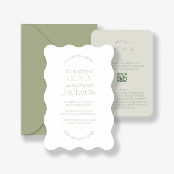 Evergreen Curve Wedding Invitation suite with white invitation with delicate green curved text with a wave cut border. Matcha green details card and green envelope