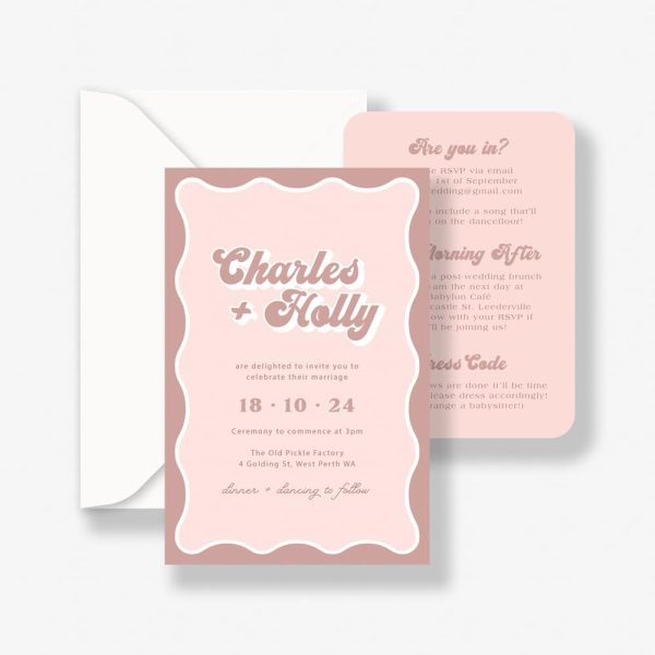 Retro Reverie wedding invitation with retro, groovy font, wavy border and pink details card