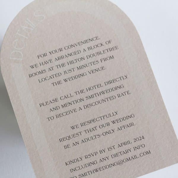 Art deco affair wedding invitation suite. Almond details card with an arch shape