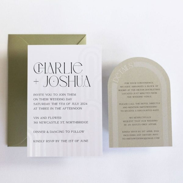 Art deco affair wedding invitation suite. White invitation with art deco shapes printed in clear ink. Matcha green details card with an arch shape and green envelope