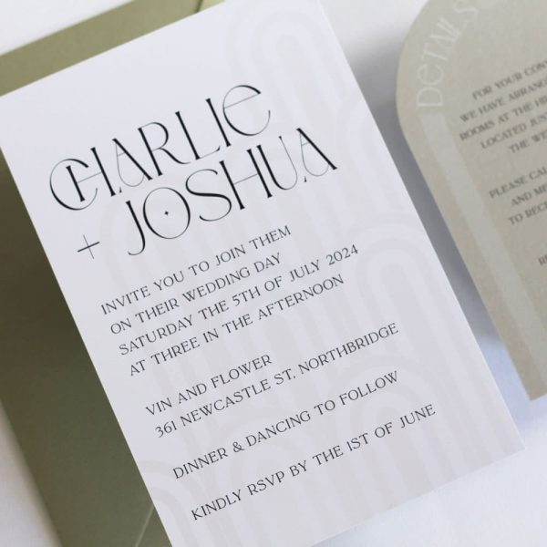 Art deco affair wedding invitation suite. White invitation with art deco shapes printed in clear ink. Matcha green details card with an arch shape and green envelope