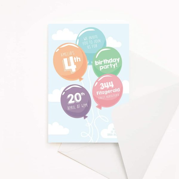 Kids birthday invitations with colour balloons in the sky