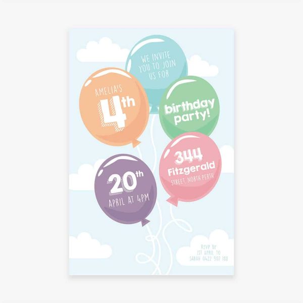 Kids birthday party invitation with colour balloons in the sky