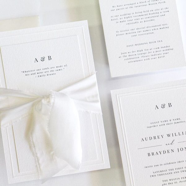 Classic Romance Wedding Invitation suite with classic design on felt white card and white silk ribbon bow