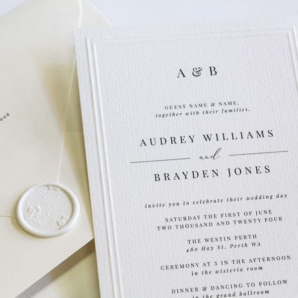 Classic Romance Wedding Invitation suite with classic design on felt white card with wax seal